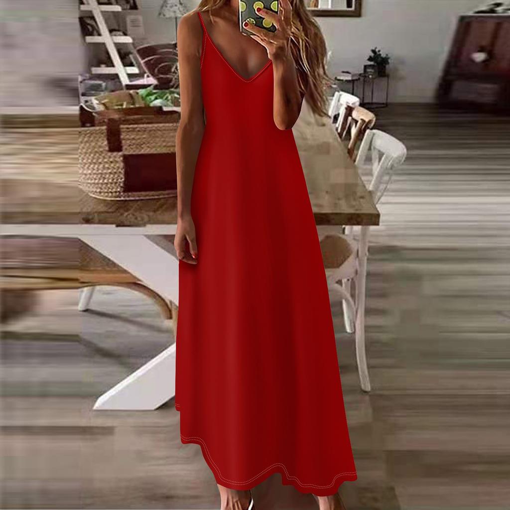 Женское летнее повседневное модное однотонное длинное платье без рукавов с V-образным вырезом, повседневные платья