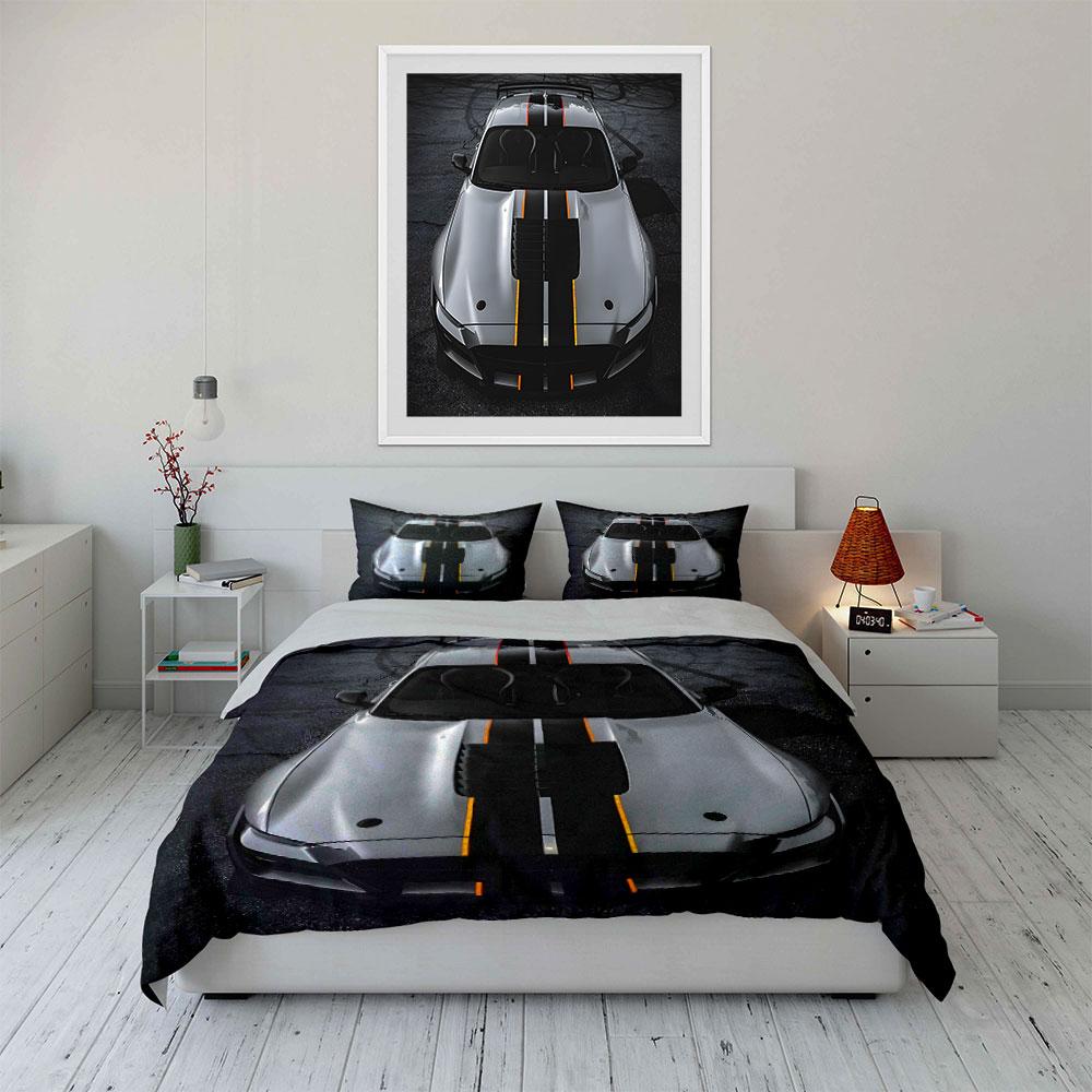 Sleek silver sports car top view Print Bedding Set 1 Duvet Cover 2 Pillowcases for Adult and Children Luxury Gift Full Size