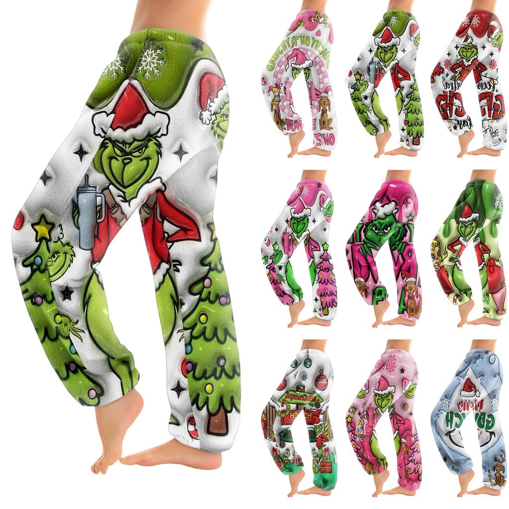 Women's Christmas  Print Trousers With Drawstring Cuffs Casual Pants And Pajamas