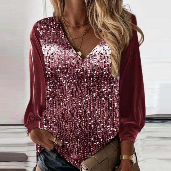 Осень-весна женский топ с блестящими пайетками и v-образным вырезом с длинными рукавами в стиле пэчворк, свободный пуловер, мягкий дышащий средней длины, женская рубашка, блузка