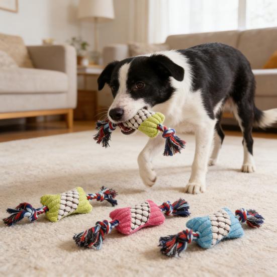 Plush Candy Dog Toy Interactive Chew Toy Rope Squeaky Stuffed Knot Puppy Tug of War Toy