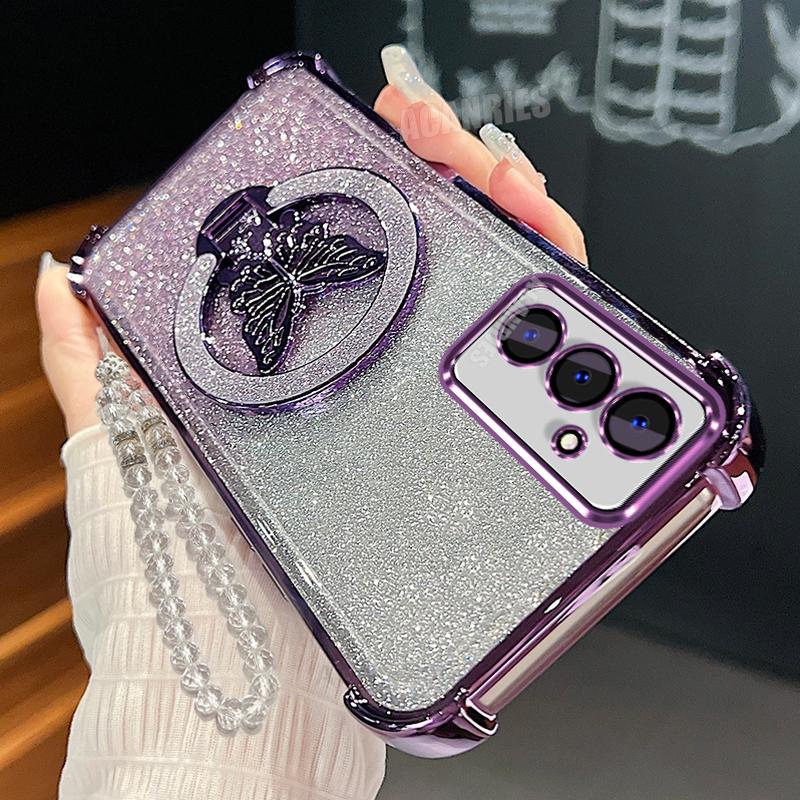 Чехол-шнурок держатель для телефона в виде бабочки для Samsung Galaxy A16 A26 A36 A56 5g A05s с гальваническим покрытием, противоударный, силиконовый, с подставкой