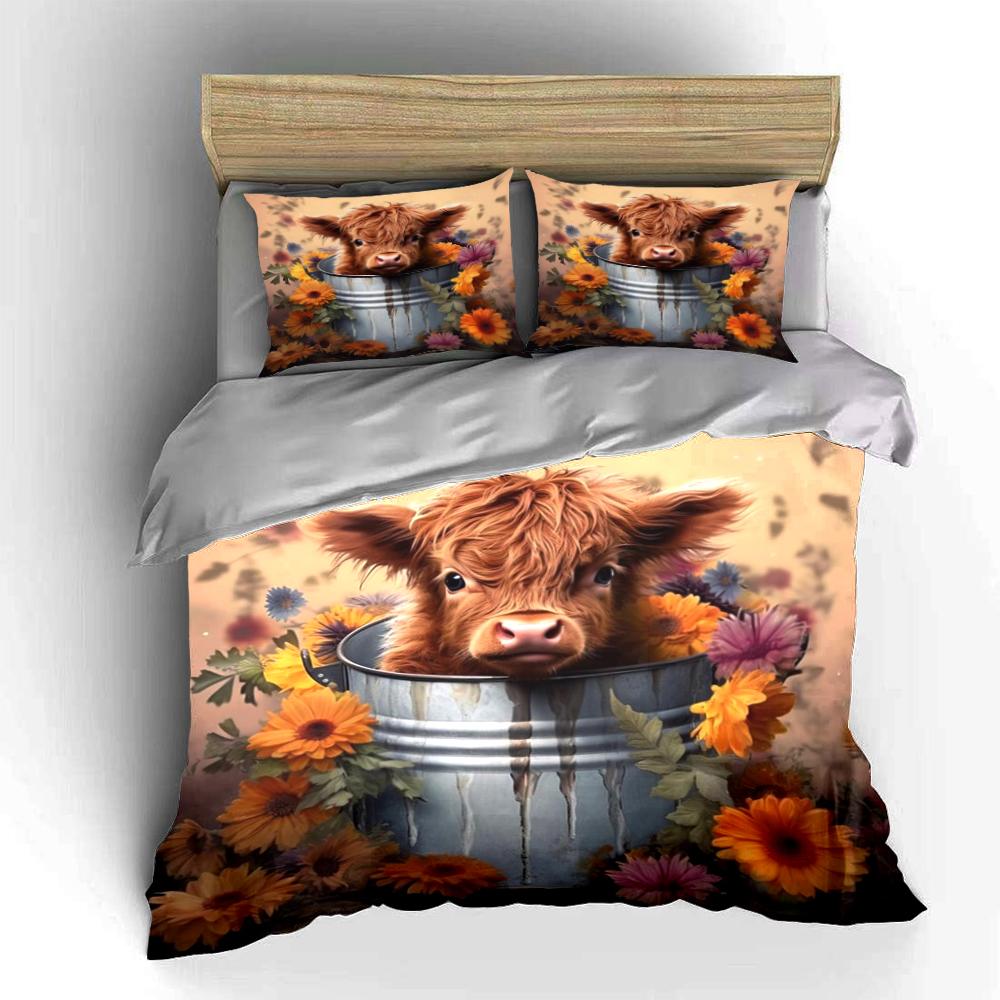 Highland Cow with Flowers Bedding Set Bedding set (1 duvet cover, 2 pillowcases, duvet not included)