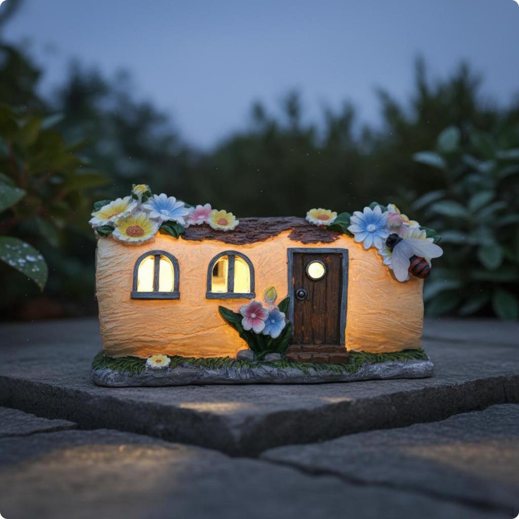 Storybook Shelter LED Solar Resin Cottage Sculpture for Garden, Yard, Patio