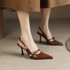 Модные женские летние туфли на высоком каблуке, облегающие, 2025, новый французский стиль, винтажная пряжка, темпераментные остроносые туфли с открытой пяткой