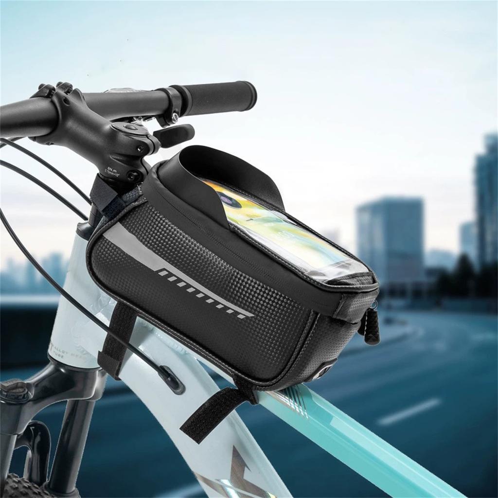 Frame Bag with Phone Holder, Screen Compatible, Mountain Bike Front Storage Pouch, Black