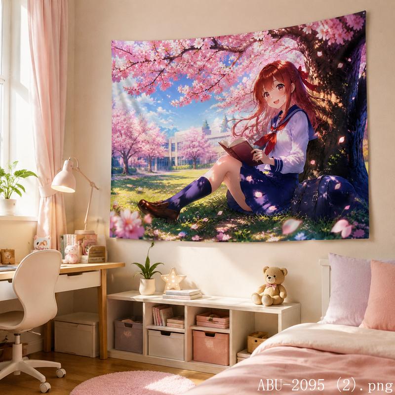 Cherry Blossom Moon Anime Girl Aesthetic Tapestry Nature Scenery Cartoon Wall Hanging Teen Dorm Bedroom Otaku Home Decor