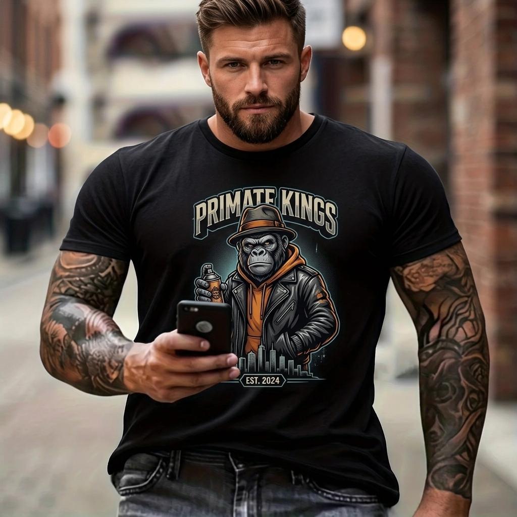 Men's Primate Kings Graphic Tee - Urban Streetwear Short Sleeve Crew Neck Cotton Blend Shirt with Cool Gorilla in Hat & Jacket Design for Casual