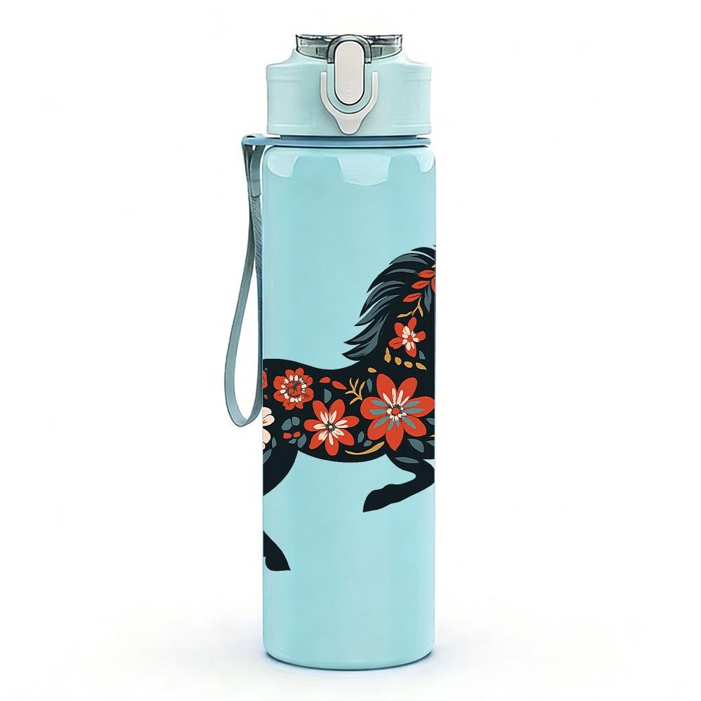 1PC Black Mustang Horse Animal Pattern 750ml Color Plastic Sports Water Bottle Leakproof Flip Straw Lid Suitable for Sports Office Home Use