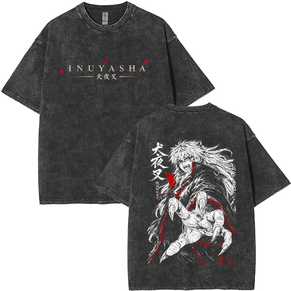 Washed Vintage Anime Inuyasha Graphic T-shirt Men Women Manga Retro Oversized T Shirts Men's Funny Cartoon Short Sleeve T-shirts