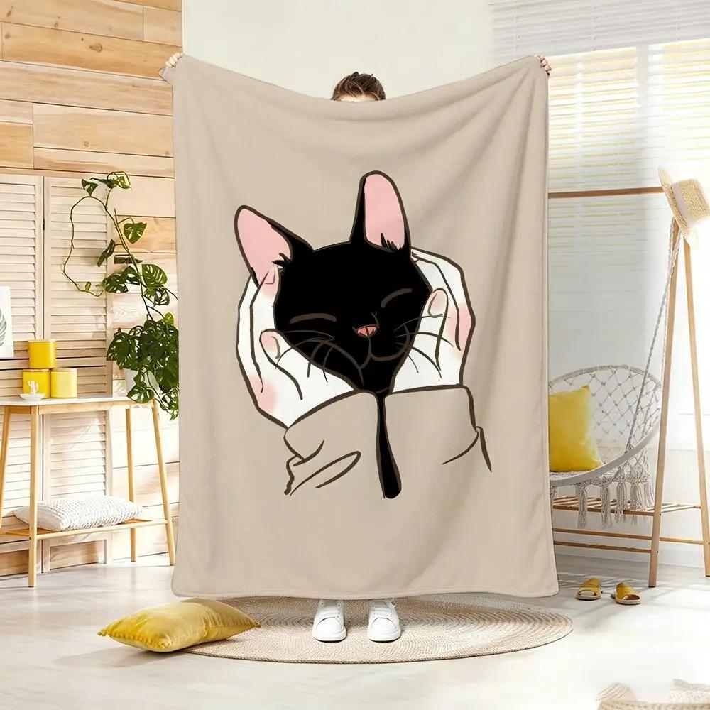 Cartoon H-Hands Cupping Cat Cheeks Throw Lightweight Flannel Blanket Soft Skin-friendly for Summer Cooling