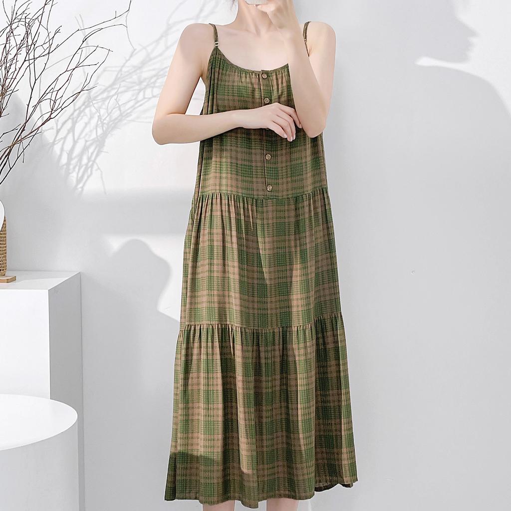 Holiday style with chest pad, plaid suspender, nightdress for women, summer thin anti-bumping, comfortable cotton and silk dress can be worn outside