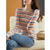 Spring Long-sleeved Striped Knitted Sweater Women's Outerwear Crew Neck Hollow Bottomed Shirt Top