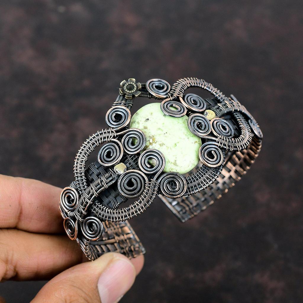 Браслет-манжета с лимонным хризопразом, медная проволока, браслет с драгоценными камнями, регулируемая манжета, браслет ручной работы, медные украшения для подарка, стильный браслет