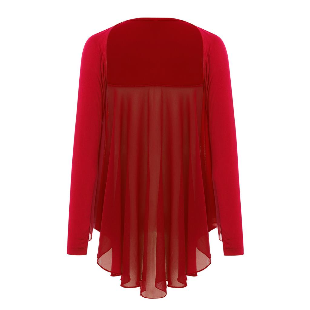 Топ для выступлений для девочек, стиль с открытой передней частью, неровный подол, болеро с крыльями ангела, соревновательный наряд