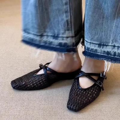 Простые сандалии на плетеной танкетке с квадратным носком, женские летние универсальные, для улицы, с перекрестной пряжкой, с закрытым носком, женские шлепанцы