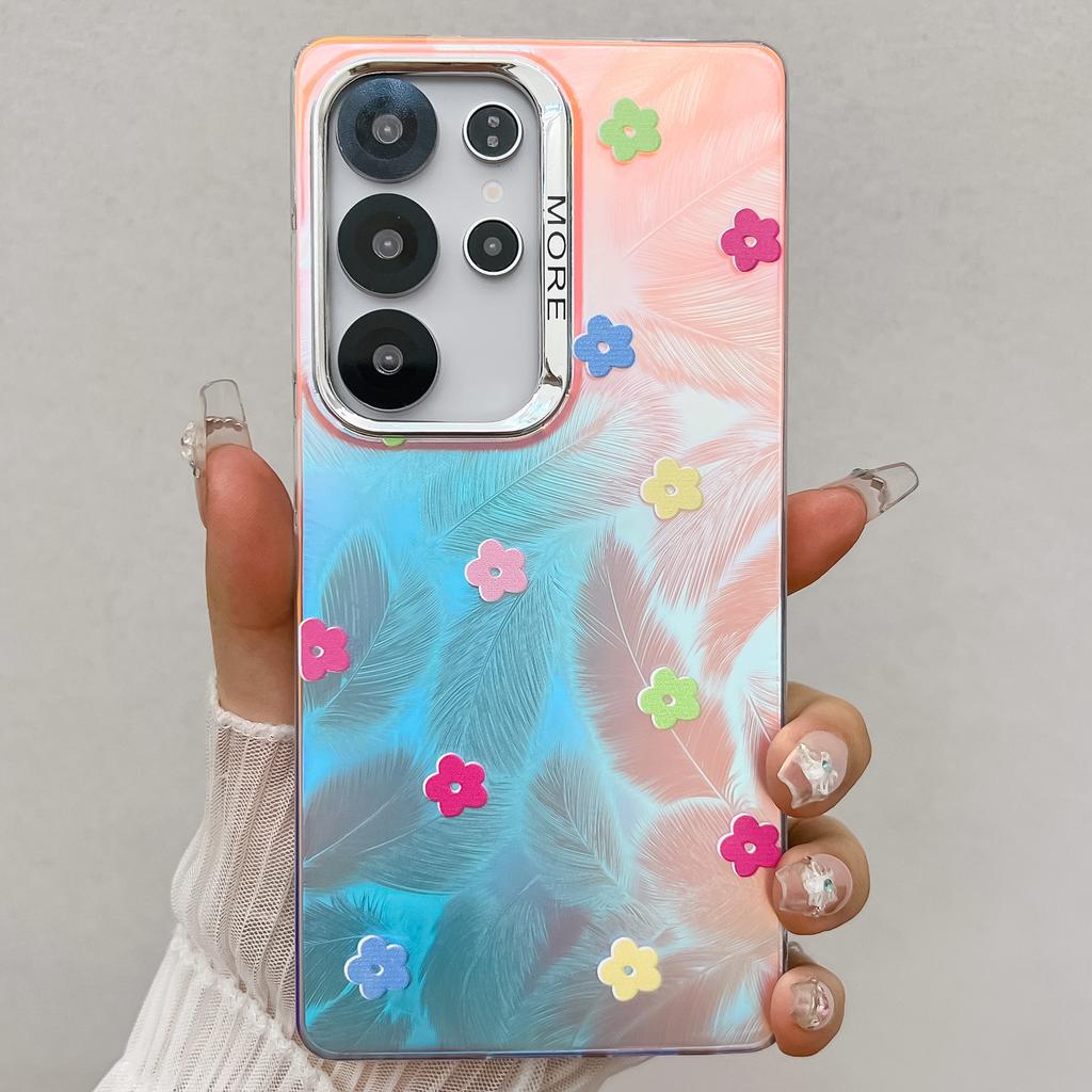 For Samsung Galaxy S24 Ultra Case Floral Pattern Electroplating Laser Texture TPU+PC Phone Back Cover