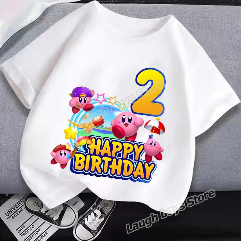 Хлопковая футболка Kirby для детей, летний топ, милая игровая одежда, мальчик, девочка, футболка с номером дня рождения, аниме-одежда, топ с мультяшными буквами, подарок