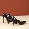 Black Patent Leather Side Air Pointed Toe Red Rubber Bottom Women High Heels Party Shoes Sexy Ladies Dress Stiletto Pumps 44 45
