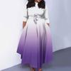 Women's Casual Fashion Large Size Gradient Printing Round Neck Three-quarter Sleeve Pocket Straps Swing Dress