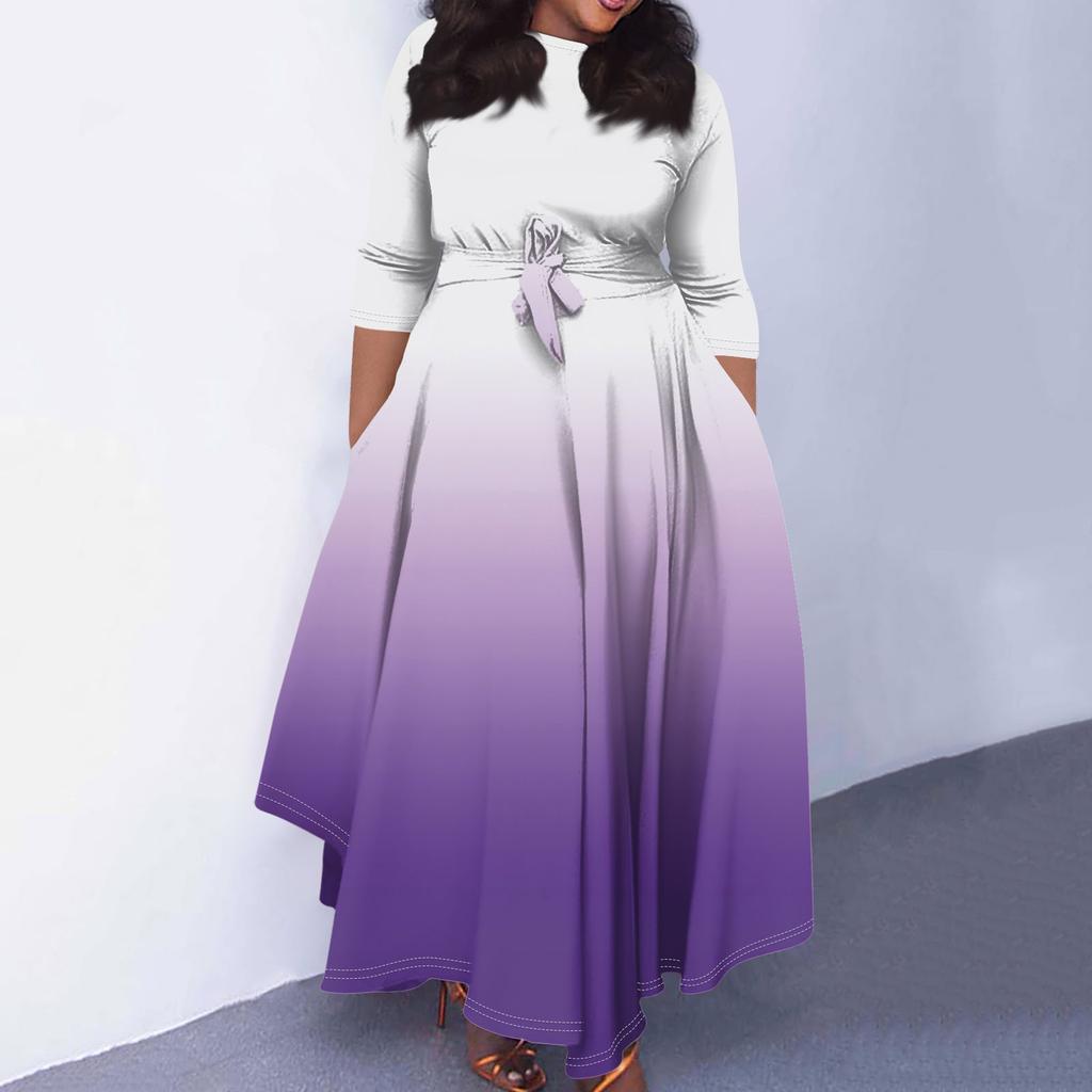 Women's Casual Fashion Large Size Gradient Printing Round Neck Three-quarter Sleeve Pocket Straps Swing Dress