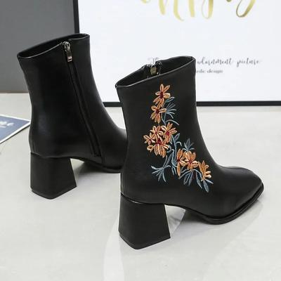 Короткие сапоги на толстом каблуке, женские, с вышивкой, на высоком каблуке, с боковой молнией, короткие сапоги, ретро, с большим квадратным носком, ботильоны Zapatillas Mujer