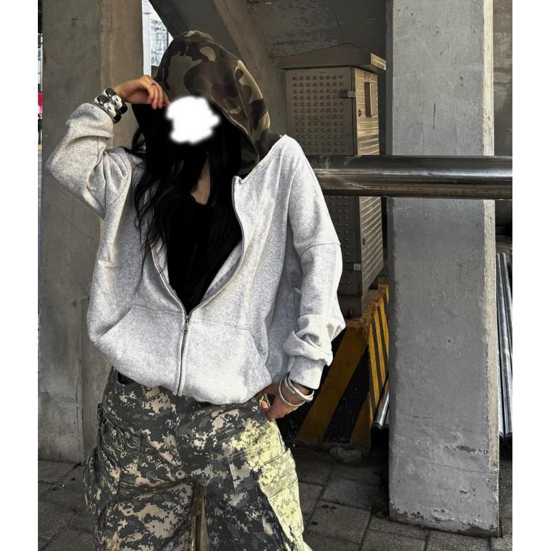 Oversized Hooded Zip-Up Sweatshirt Camo Print Unisex Lightweight Streetwear Pullover