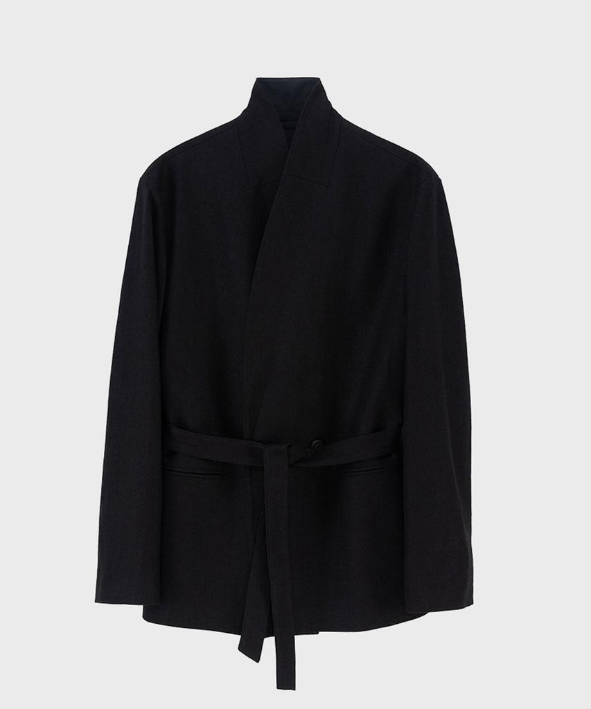 Pref Black Linen Herringbone Shawl Collar Jacket
