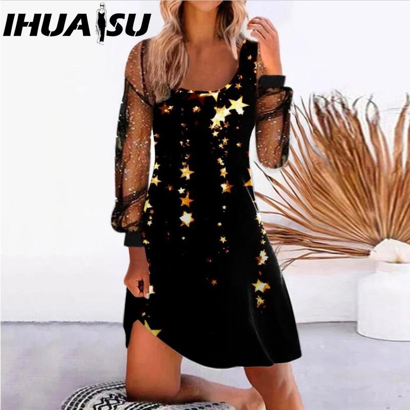 IHUASU Женская мода весна осень однотонный принт длинный рукав U-образный вырез высокая талия повседневные платья