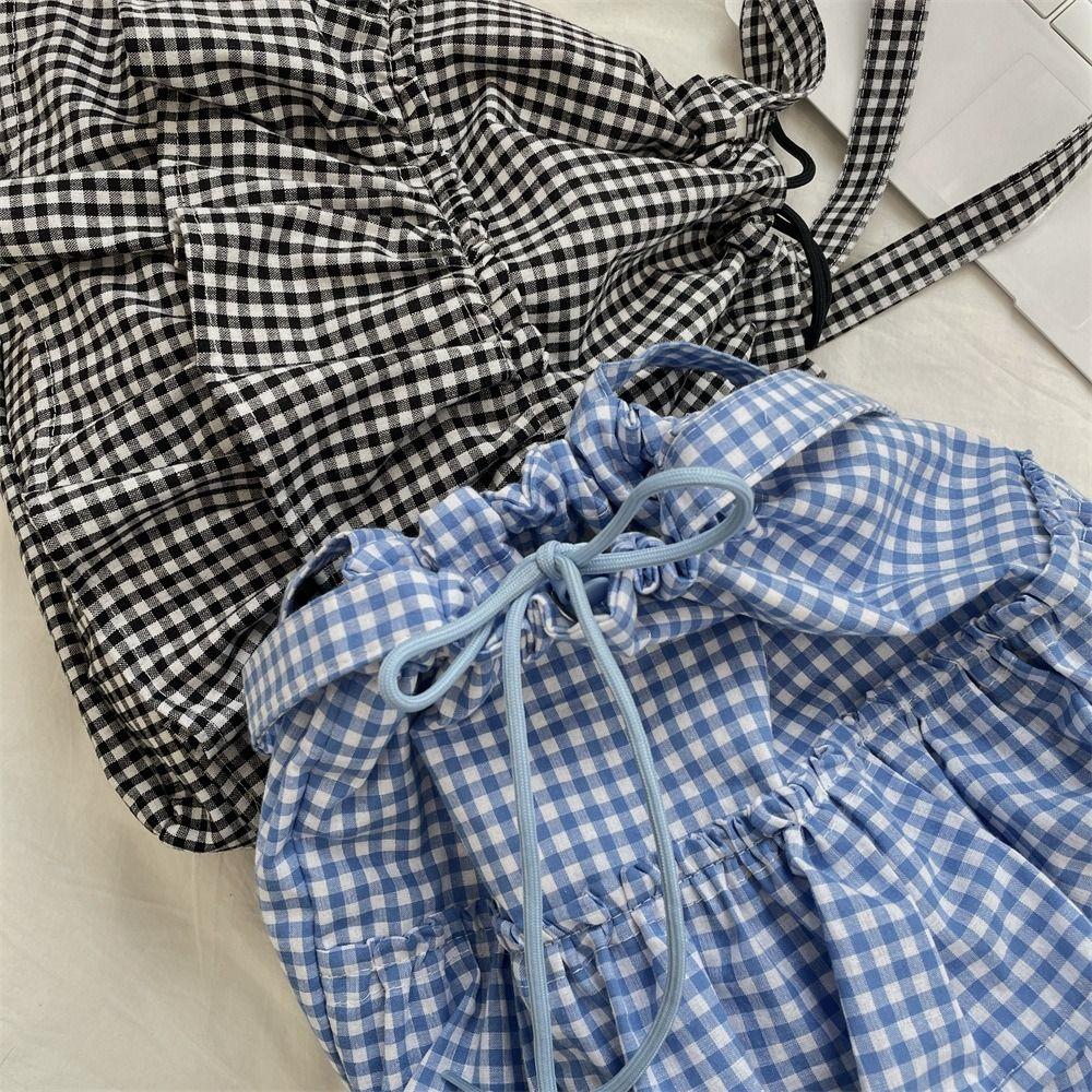 Sweet Canvas Plaid Bag College Style Cute Ruched Handbag Casual Ruffle Shoulder Bag  Travel