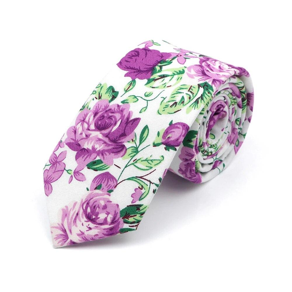 Новый стильный галстук с цветочным принтом 6 см, синий, зеленый, фиолетовый, узкий галстук из 100% хлопка для мужчин и женщин, костюмы для свадебной вечеринки, рубашка, аксессуар