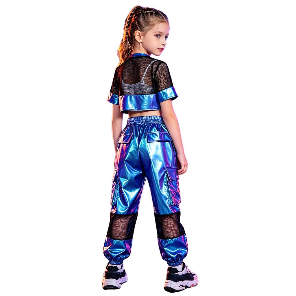 Kids Girls Hip Hop Jazz Dance Set Short Sleeve Number Graphic Hollow Out Mesh Crop Top with Shiny Cargo Pants for Stage Performance Competition