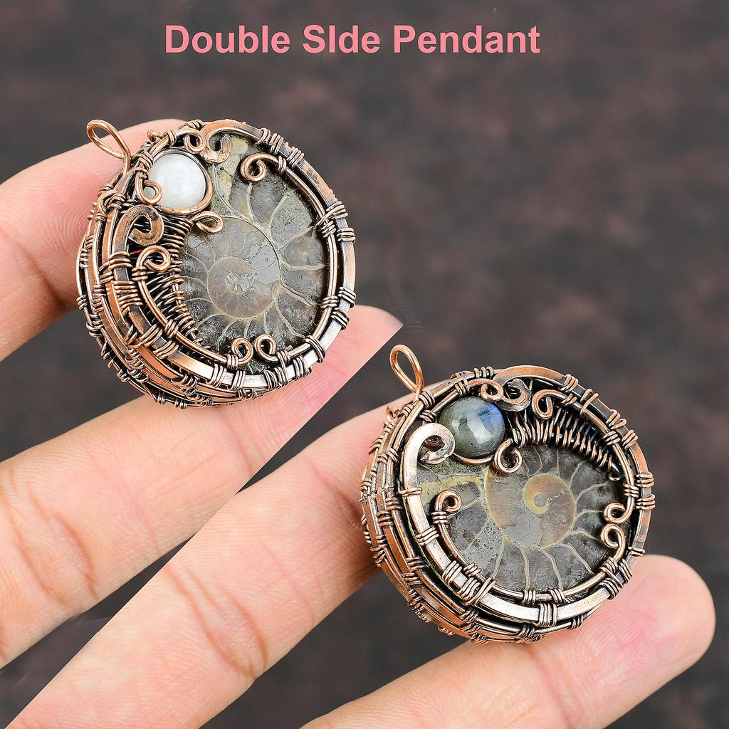 Ammonite Fossil Copper Pendant Copper Wire Wrapped Pendant Rainbow Moonstone Jewelry Handmade Pendant For Gift Labradorite Gemstone Jewelry