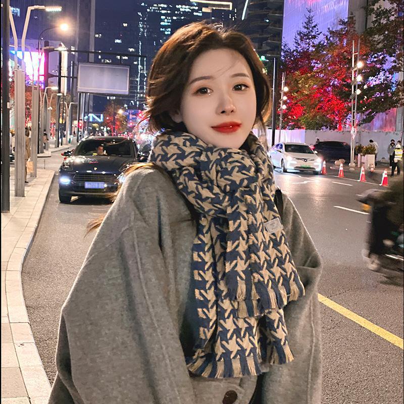 Scarf Korean Style Atmosphere Houndstooth Scarf for Women Winter Korean Style Versatile Warm Student High Looking Hong Kong Style Scarf