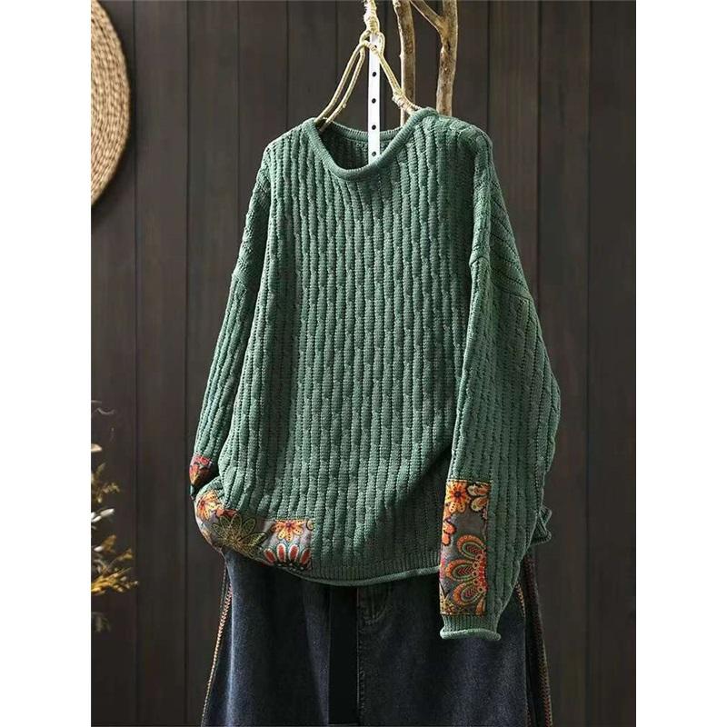 Женский винтажный свободный свитер с круглым вырезом и заплатками, повседневный свитер с длинными рукавами в китайском стиле