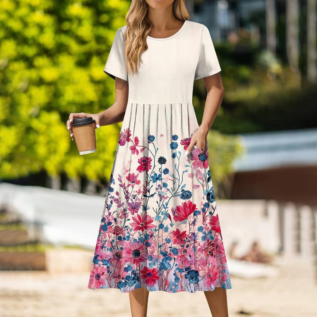 Women's Casual Cute Pattern Print Round Neck Midi Dress Basic Classic Outdoor Everyday Short Sleeve Loose Dress