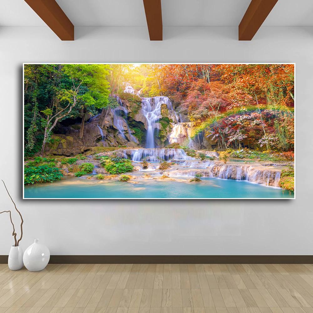 Природный пейзаж, водопад, настенные картины, холст, живопись, настенное искусство, зеленое, красное дерево, лес, постеры, принты для декора гостиной