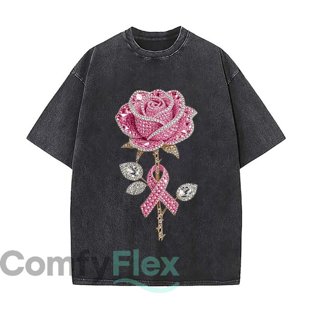 Pink Jeweled Rose Ribbon Awareness Floral Design Vintage Distressed Loose Streetwear Tops