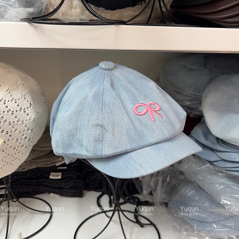 Girl bow three-dimensional embroidery beret female versatile cowboy cap big head circumference showing face small newsboy hat