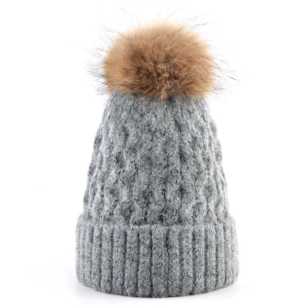 Женская зимняя шапка, женская теплая вязаная шерстяная шапка с натуральным мехом и помпоном, шапки для девочек