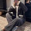 Warm Home Suit Cozy Winter Loungewear Set for Women Thermal Pajamas with V-neck Long Sleeve Tops Wide Leg Pants