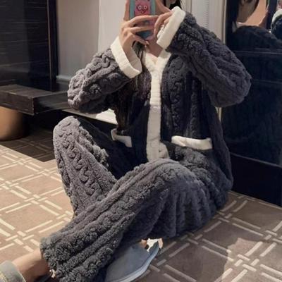 Теплый домашний костюм, уютный зимний комплект домашней одежды для женщин, термопижама с V-образным вырезом, топы с длинными рукавами, широкие брюки