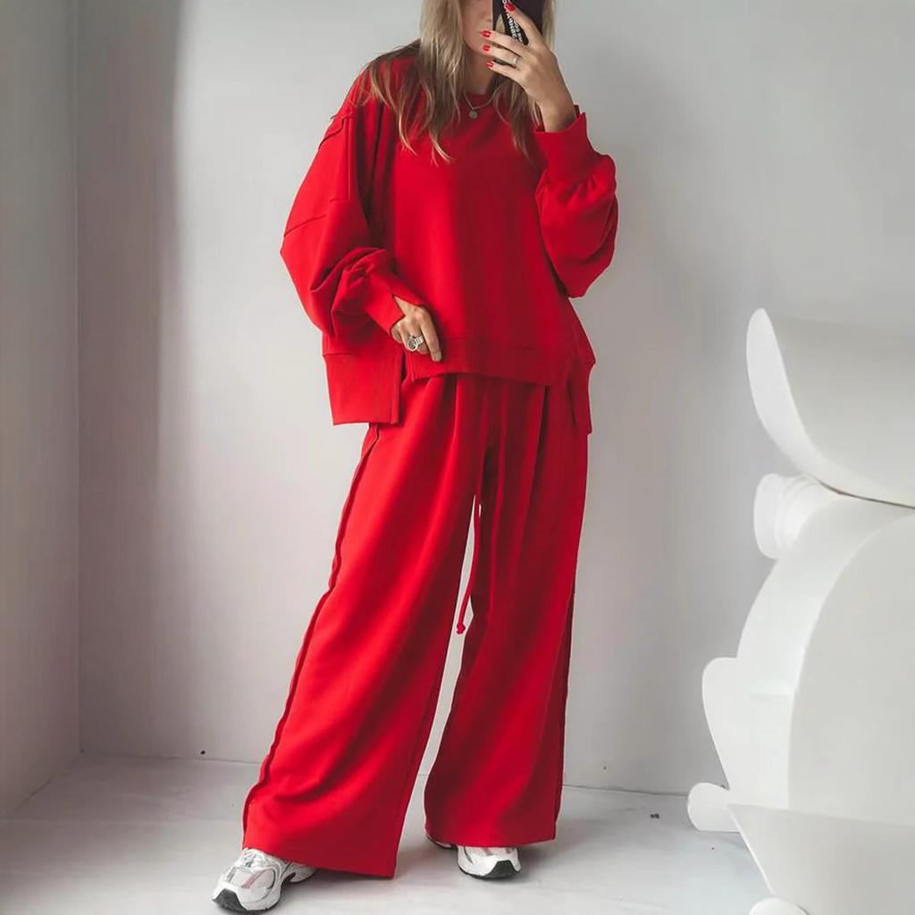 New Autumn and Winter Women's Fashion Casual Set Solid Color Long-sleeved Shirt Long Pants and Round Neck Two-piece Set