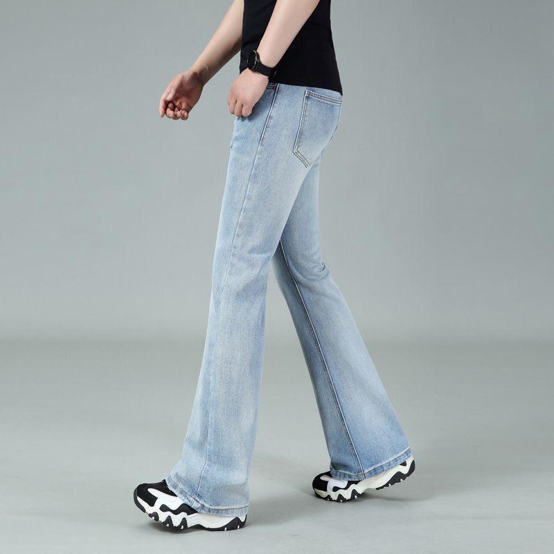Мужские расклешенные джинсы средней посадки, мужские облегающие повседневные брюки из денима, светло-голубые джинсы