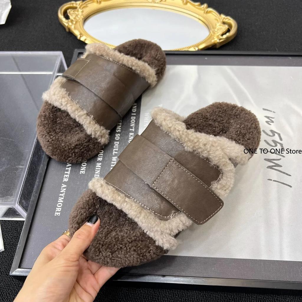 Fashion 2024 Women Shoes Slippers Flat Med Slides Cover Toe Platform Fur Flip Flops Flock Plush Leather Rubber Rome PU with Fur Short