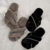 New Cross Strap Fuzzy Women Slippers Indoor Flat Rhinestone Flip Flops Wooden Floor Cotton Slippers