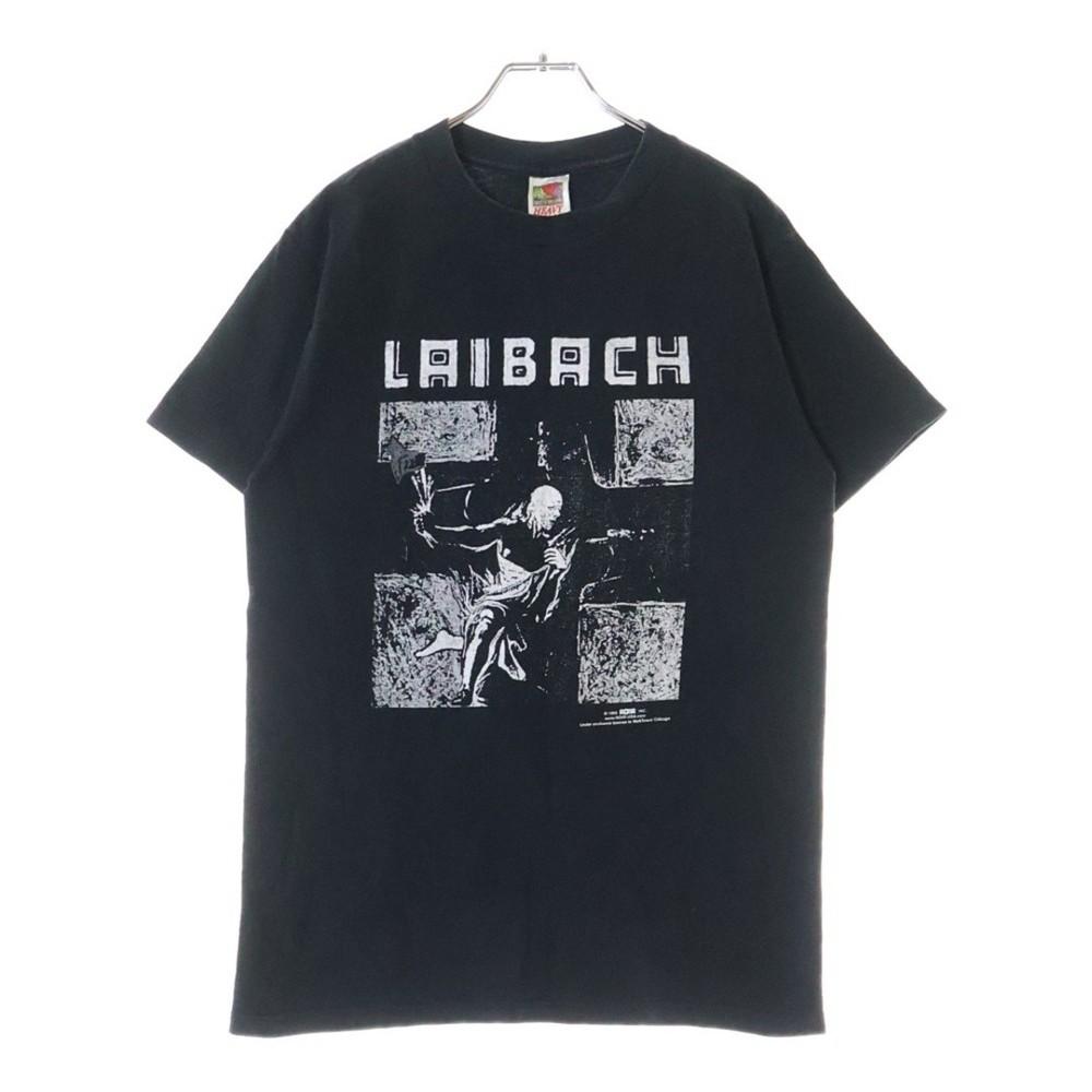 ВИНТАЖНАЯ ЧЕРНАЯ ФУТБОЛКА LAIBACH RIBACH С ПРИНТОМ НА ГРУДИ, С КРУГЛЫМ ВЫРЕЗОМ, С КОРОТКИМ РУКАВОМ, ТОП, Б/У, УНИСЕКС