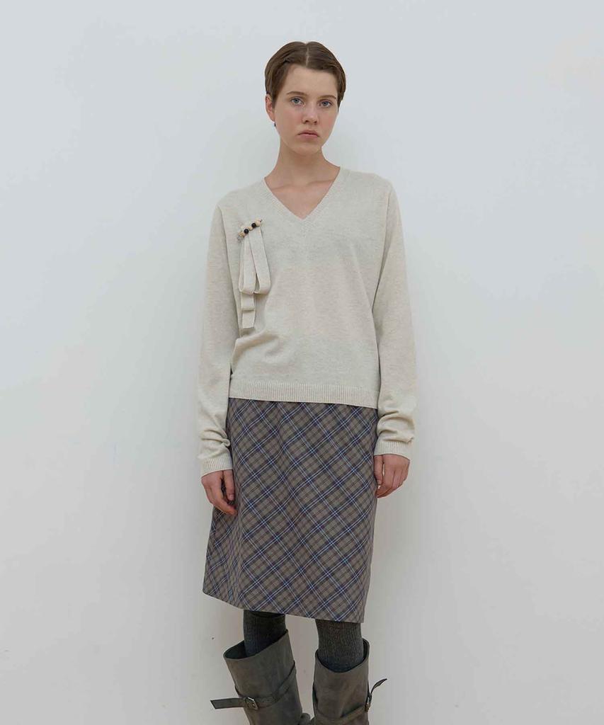 MA JOURNEE Tie Set V-Neck Cashmere Knit_Oatmeal