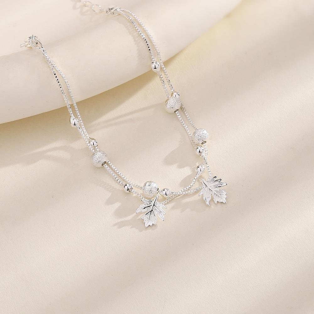 Чистое серебро S925, серебро, корейская версия, простой свежий матовый браслет с круглыми бусинами и геометрическим узором, штабелируемый двухслойный браслет с кленовым листом