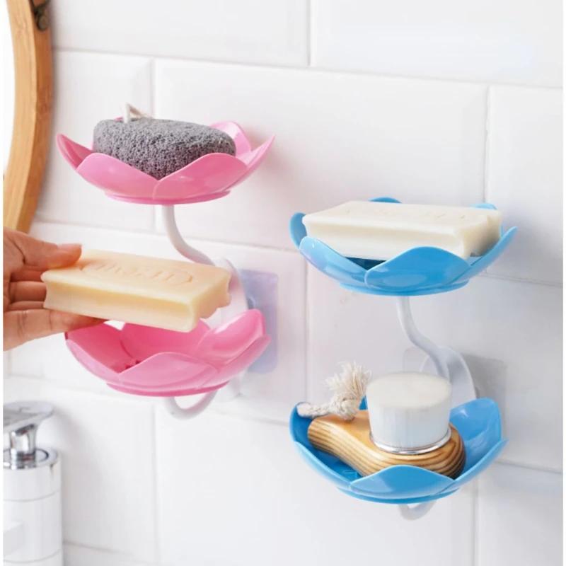 Двойной слой цветов лотоса форма сливная мыльница мыльница держатель для тарелок портативный мыльница без проколов аксессуары для ванной комнаты